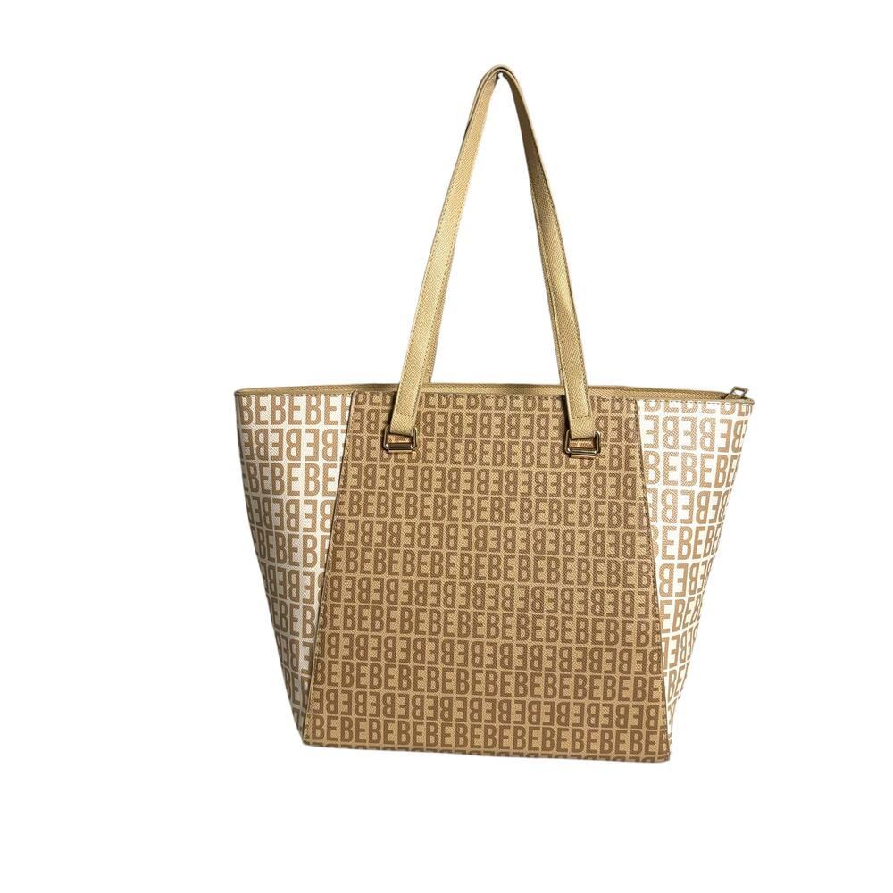 Bebe Ashley Logo Print Tote Bag Tan Handbag Purse XL Large School Work - Picture 16 of 16